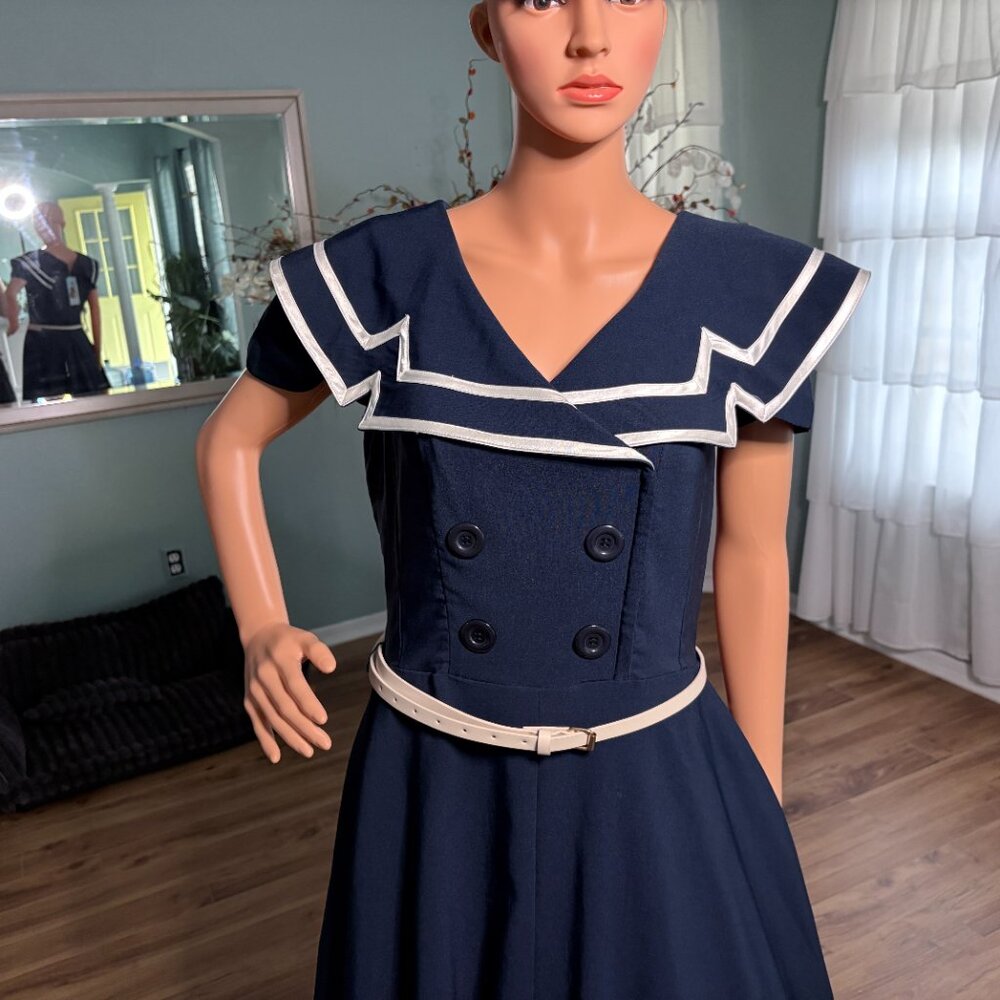 Bettie Page Carpin Circle Dress Navy White Nautical 50s Retro NWT Size XL - Picture 4 of 8